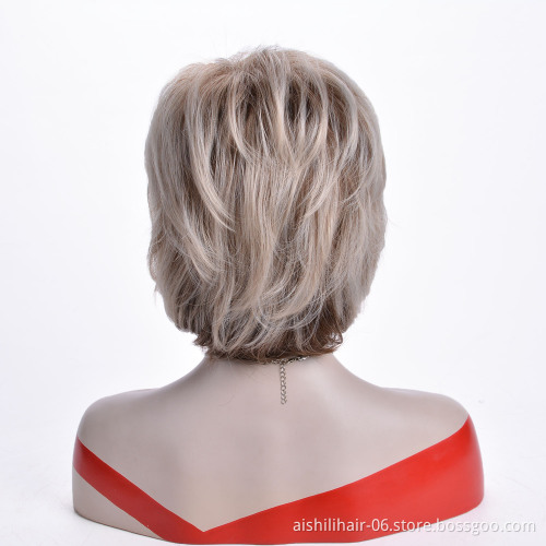 Aishili cheap short gray blonde with brown bob hair wigs straight wigs synthetic hair wigs for women